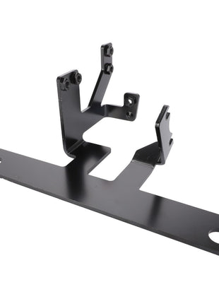 The AGCO Support - Acw011828A is a black metal bracket with multiple attachment points, designed for mounting or securing components. It features two holes on the flat base for easy installation.