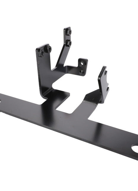 The AGCO Support - Acw011828A is a black metal bracket with multiple attachment points, designed for mounting or securing components. It features two holes on the flat base for easy installation.