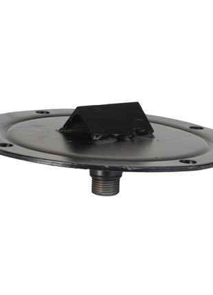 The AGCO COVER - AG121591 is a sturdy metal circular plate featuring a raised triangular centerpiece and a threaded bolt extending from its base.