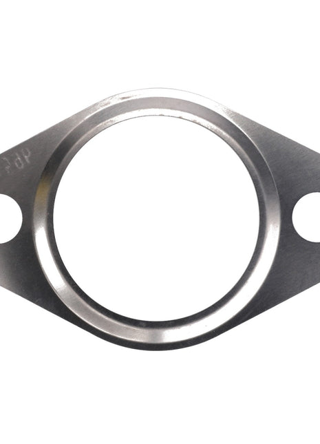 The AGCO Seal, Exhaust Pipe Cooler - F339202100030 is a precisely-engineered metallic flange featuring a central circular hole and two smaller mounting holes on either side, designed to meet stringent engineering material specifications by the AGCO brand.