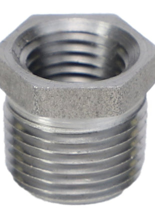 Close-up of the AGCO REDUCER BUSH - AG553549, a hex bushing with internal and external threads made of metallic material, used for connecting pipes or fittings of different sizes. No current product description information is available.