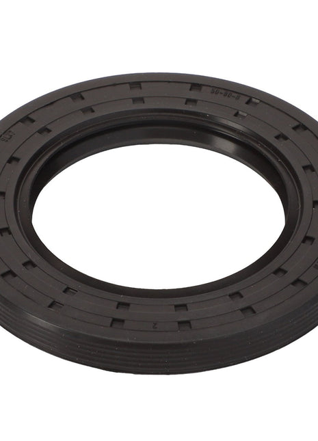 There is currently no product description available, but this circular black rubber oil seal, known as the AGCO | Dbl Lip Seal - 71480016 from the brand AGCO, features ridges and a central hole.