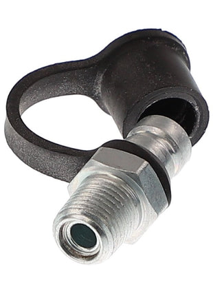 Close-up of the AGCO Diagnostic Nipple - AG519454, a metal and plastic air brake hose fitting with a loop, designed for connecting and disconnecting air lines in pneumatic systems. Currently, no additional product description information is available.