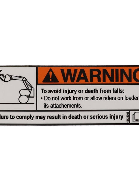 No current product description information is available for AGCO | DECAL - AL11136096. This warning sign advises against working from or allowing riders on a loader or its attachments to prevent injury or death from falls. Non-compliance may result in death or serious injury.