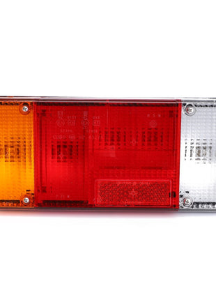 The AGCO Combination Light (AG516568) for the rear left side features three distinct sections: an amber indicator on the left, a red brake light in the middle, and a clear position light on the right, providing superior illumination. Engineered with durable quality, it is part of AGCO Genuine Lighting Parts.