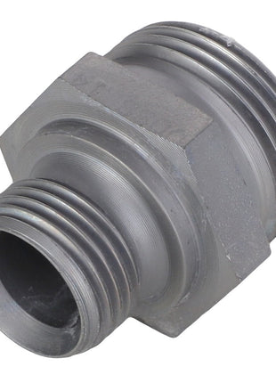 Product Description: The AGCO ADAPTER AL5050128 is a close-up image of a metallic threaded pipe fitting, showcasing visible threads on both ends designed for connecting pipes.