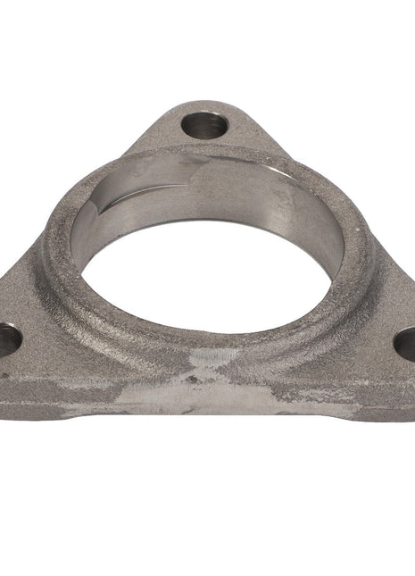 Introducing the AGCO BEARING HOUSING - D26733721, a precision-engineered metal flange with a large central hole, complemented by three smaller peripheral holes arranged in an equilateral triangular formation.