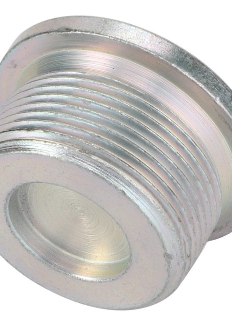 The AGCO SCREW - F835300020200 is a metallic threaded plug featuring a round, flat top surface and ridged sides. No current product description information is available.