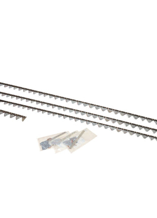 AGCO | KIT, KNIFE - D28286575 from AGCO comes with three metal anti-climb security spikes, each featuring multiple prongs. The kit includes mounting hardware packaged in plastic bags, all neatly arranged on a white background.