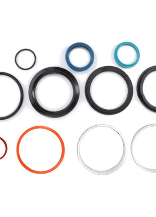 A collection of AGCO Seal Set Hydraulic Cylinder - F931870051090, comprising assorted rubber and plastic O-rings of various colors and sizes, is arranged on a white surface. Current product description information is available upon request.