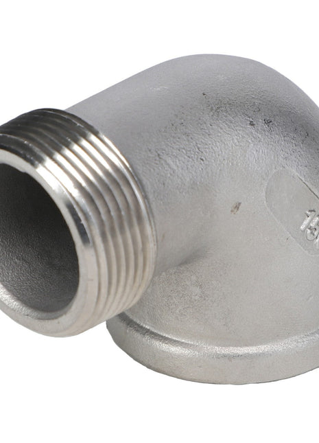 The AGCO Street Elbow - Ag051926 is a silver metal elbow pipe fitting featuring a threaded end and marked with the number "150.