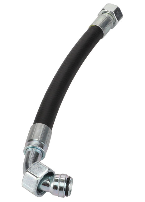 The AGCO | HYDRAULIC HOSE - D45130030 is a black rubber hose featuring metal connectors on both ends and includes a robust 90-degree elbow joint on one end.