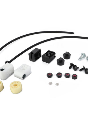 The AGCO | Seat Component Kit - F737812330250 contains various small plastic and metal components, including zip ties, screws, washers, gear-like pieces, and connectors. These parts are meticulously arranged on a white background. Please note that no current product description information is available from AGCO.