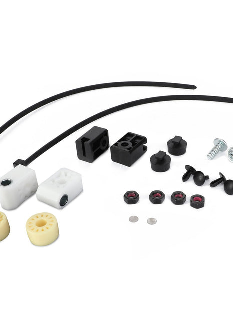 The AGCO | Seat Component Kit - F737812330250 contains various small plastic and metal components, including zip ties, screws, washers, gear-like pieces, and connectors. These parts are meticulously arranged on a white background. Please note that no current product description information is available from AGCO.