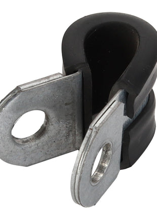 The AGCO Clamp - Acp0324720 by AGCO is a metal and rubber cable clamp with an industrial design. It features a sturdy metal loop with screw holes on each end for securing to various surfaces, complemented by a durable rubber lining for effective cushioning.