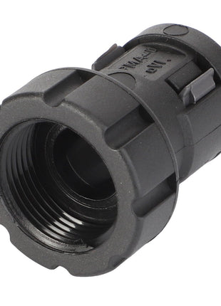 The AGCO | Connector Cover - D45010037 is a black plastic threaded hose connector featuring ridges and grooves for improved grip, making it ideal for equipment maintenance and fully compatible with AGCO parts.