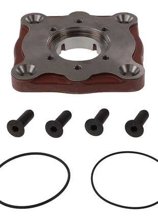 Product: AGCO | PUMP INSTALLATION - AG331451 by AGCO, featuring a metal plate with five screw holes, four black screws, and two rubber O-rings, all arranged on a white background. No current product description information is available.