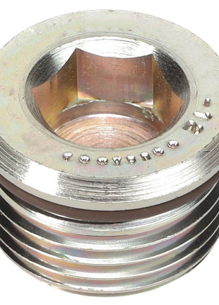 Close-up of an AGCO MAGNETIC PLUG - AG330077 with threaded sides and engraved markings on the top surface. No current product description information available.