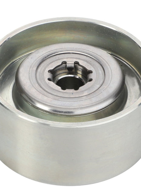 The AGCO Idler Pulley - F530200220200 is a cylindrical metal wheel bearing with a central hub and smooth outer surface; No current product description available.