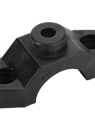 The AGCO | Pipe Clamp - AG609748 is a black metal mechanical bracket designed with a central cylindrical hole and two smaller side holes, offering versatile application options.