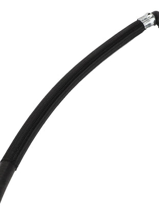 The AGCO Coolant Hose - Acw7585470 is a black flexible hose featuring metal connectors on both ends, with one connector straight and the other bent at a 90-degree angle.