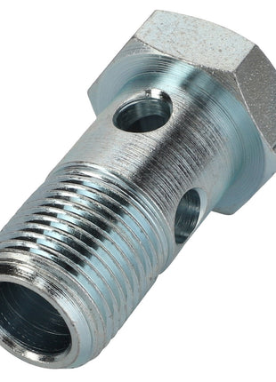 A close-up image of the AGCO Banjo Bolt - Acw0636090, featuring a metal hex head with threads and two holes running through it. No current product description information is available.