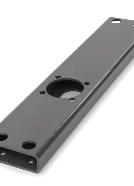 The AGCO | Needle Support, Baler - Acw7599940 is a metallic rectangular bracket featuring four holes and a central circular cutout, painted in matte gray. This component is designed for mounting or structural support purposes to ensure peak efficiency and maximum uptime. It's ideal for those seeking the genuine AGCO Parts quality.