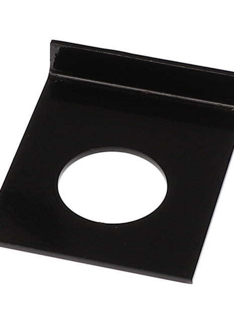 The AGCO RETAINER - E66728 is a black, rectangular metal plate featuring a circular hole in the center and a raised edge on one side.