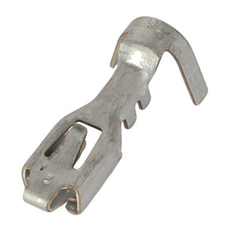 The AGCO | SOCKET TERMINAL - AG517628 by AGCO is a small metal hardware piece that features a hook on one end and two prongs on the other, potentially serving as an electrical or mechanical connector.