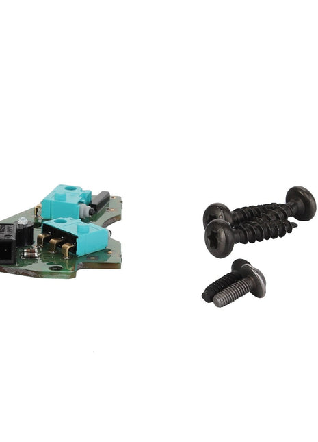 The AGCO | CIRCUIT BOARD - F931502031060 features connectors and two blue components on the left side, accompanied by screws and a circular cap on the right side, all set against a white background. No current product description information available.