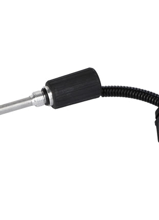 Close-up of the AGCO Heater - F260200060020, showcasing its metal probe, black plastic casing, and a coiled wire leading to a black connector plug.
