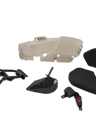 Image displaying various automotive interior parts from the AGCO Kit, Seat - Acw078776C, including a beige dashboard panel, black mounting brackets, a black seat cushion, a black armrest, and a red seatbelt buckle. No current product description information is available.