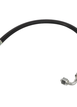 The AGCO | HOSE - D45070031 by AGCO is a black flexible hose equipped with metal connectors at both ends, one straight and the other angled, likely used for fluid or gas transfer applications. No current product description information is available.