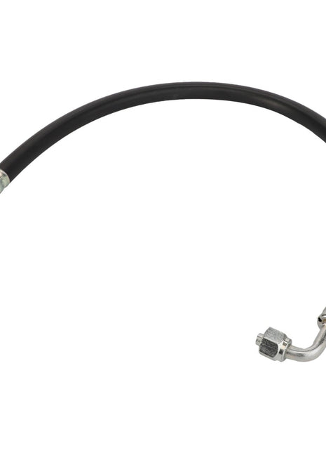 The AGCO | HOSE - D45070031 by AGCO is a black flexible hose equipped with metal connectors at both ends, one straight and the other angled, likely used for fluid or gas transfer applications. No current product description information is available.