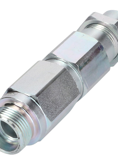 Close-up view of the AGCO COUPLER PLUG - F725891552060, a metallic hydraulic fitting featuring threaded ends and a hexagonal middle section designed for wrench application. 