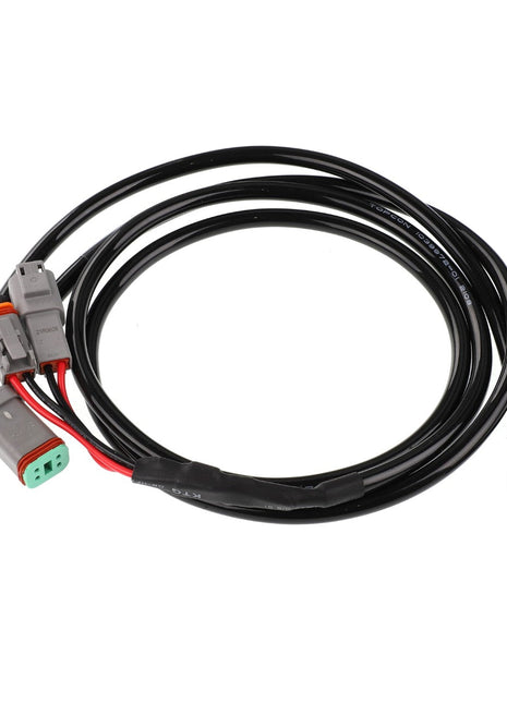 The AGCO Valve Harness - Acw1827500, a sleek black electrical wiring harness from AGCO, features several connectors and a sturdy metal ring terminal to ensure seamless connectivity and reliability.