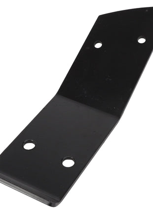 No current product description information is available for the AGCO SCRAPER - E70132, a black metal bracket featuring a 90-degree bend and four holes for screws.