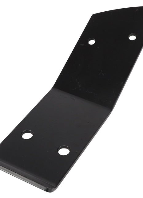 No current product description information is available for the AGCO SCRAPER - E70132, a black metal bracket featuring a 90-degree bend and four holes for screws.