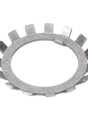 The AGCO LOCK WASHER - CH1N-5970, a metal lock washer features multiple external tabs around its circumference, displayed against a pristine white background.