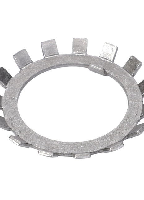 The AGCO LOCK WASHER - CH1N-5970, a metal lock washer features multiple external tabs around its circumference, displayed against a pristine white background.
