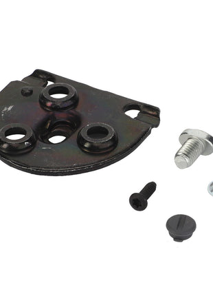 Product Name: AGCO | SMALL PARTS KIT - F930500030610 by AGCO includes a metal automotive bracket with attached screw holes, a bolt, a small screw, a washer, and a circular plastic cap. Please note that no current product description information is available for this item. All components are arranged on a white background.