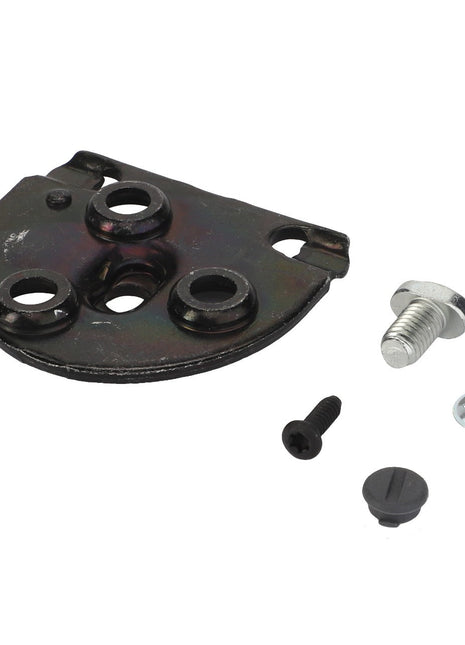 Product Name: AGCO | SMALL PARTS KIT - F930500030610 by AGCO includes a metal automotive bracket with attached screw holes, a bolt, a small screw, a washer, and a circular plastic cap. Please note that no current product description information is available for this item. All components are arranged on a white background.