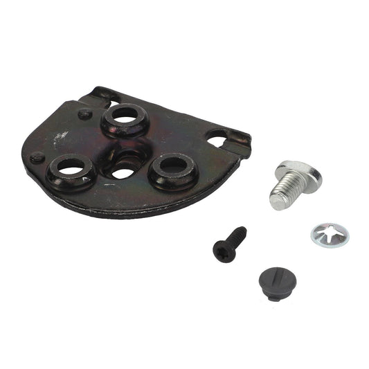 Product Name: AGCO | SMALL PARTS KIT - F930500030610 by AGCO includes a metal automotive bracket with attached screw holes, a bolt, a small screw, a washer, and a circular plastic cap. Please note that no current product description information is available for this item. All components are arranged on a white background.