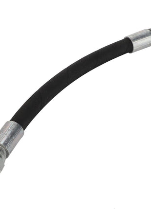 The AGCO Hydraulic Hose - Acw1549770 is a versatile black hose featuring durable metal connectors at both ends, making it ideal for a range of plumbing and mechanical applications.