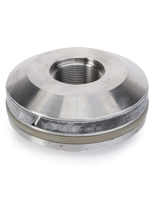A metal cylindrical component, named AGCO | PISTON - F931860030050, with a threaded inner bore and smooth outer surface, functioning as a mechanical coupling or adapter.