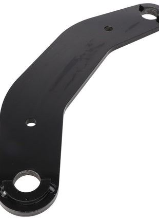 The AGCO | LINK - AL246603 by AGCO is a black, curved metal bracket featuring three differently sized holes and a glossy finish. The bracket currently lacks any additional product description, but it seems to be intended for industrial or mechanical applications.