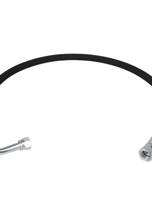 The AGCO | HOSE - ACP0520970 is a flexible black rubber hose featuring metal connectors at both ends; one connector is straight while the other is bent at a 90-degree angle. For questions before ordering, please contact our support team.