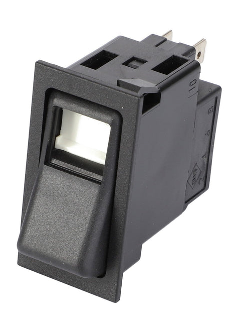 The AGCO | ROCKER SWITCH - V30944100 by AGCO is a black rectangular rocker switch featuring a white switch indicator and metal prongs at the back for electrical connections. Currently, no additional product description information is available.