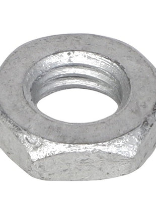 A close-up view of the AGCO Hex Nut - Acw1026880, a silver, hexagonal metal nut with an internal threaded hole used for fastening purposes. No current product description information is available.