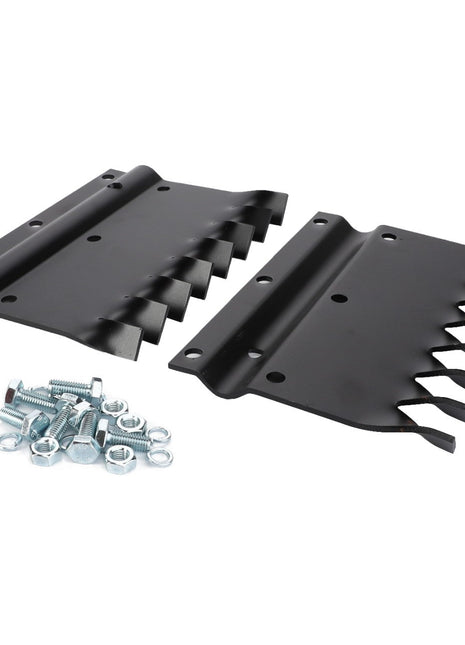 Two AGCO Knife, Second Cleaner - D28810631 components in black with slots and matching screws and nuts, designed for uniform harvest cuts, arranged on a white background.